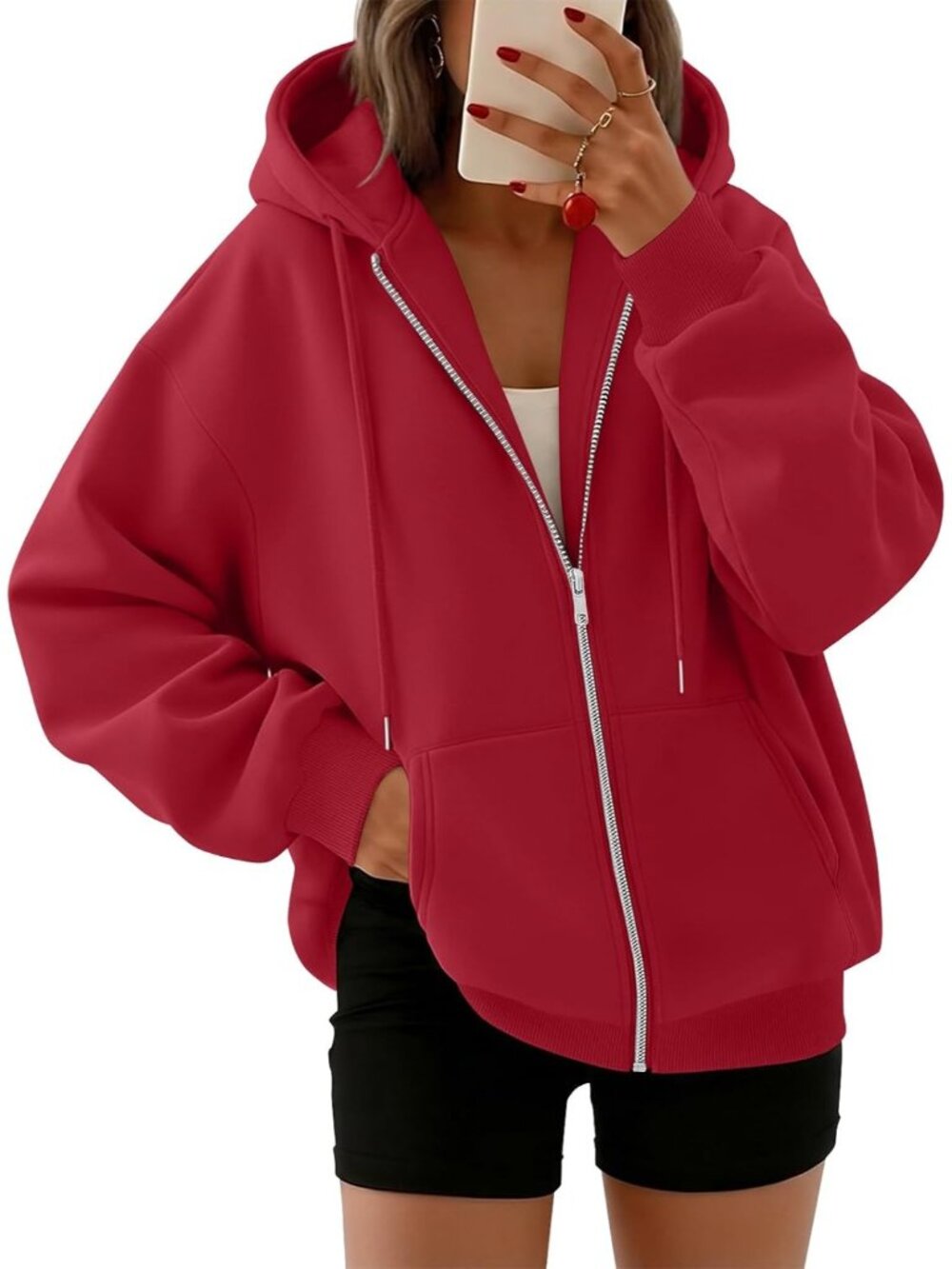 〽️Womens Red Oversized Zip Up Hooded Neck Cute Lightweight Winter Sweatshirt